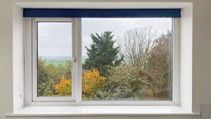 A window with a white frame and blue upper section, overlooking a landscape with trees and shrubs. - Glastonbury Studio- Amazing Views and Free Parking (Glastonbury)