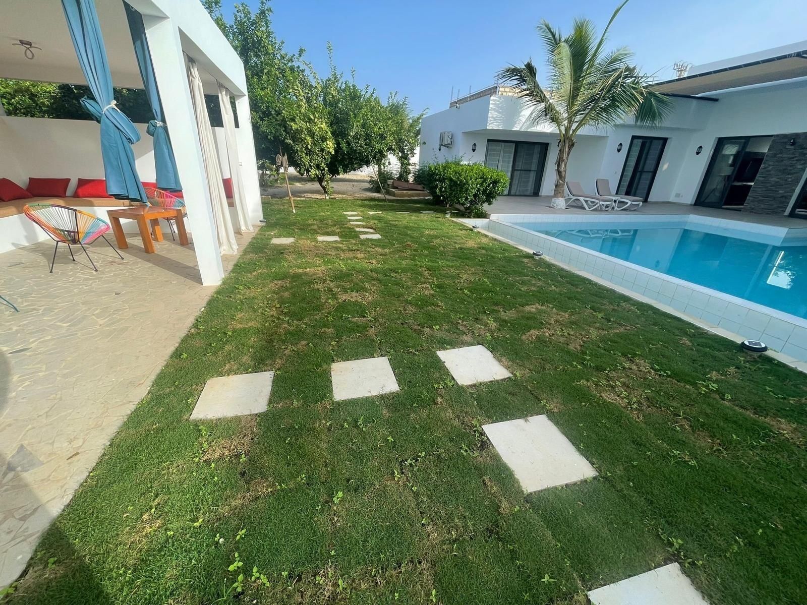 A well-maintained lawn with a swimming pool, outdoor furniture, and a modern building.