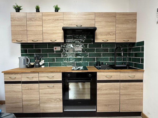 Fridge, oven, stovetop, electric kettle