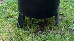 Una parrilla negra al aire libre sobre césped, con un muro de ladrillo y plantas en macetas al fondo.