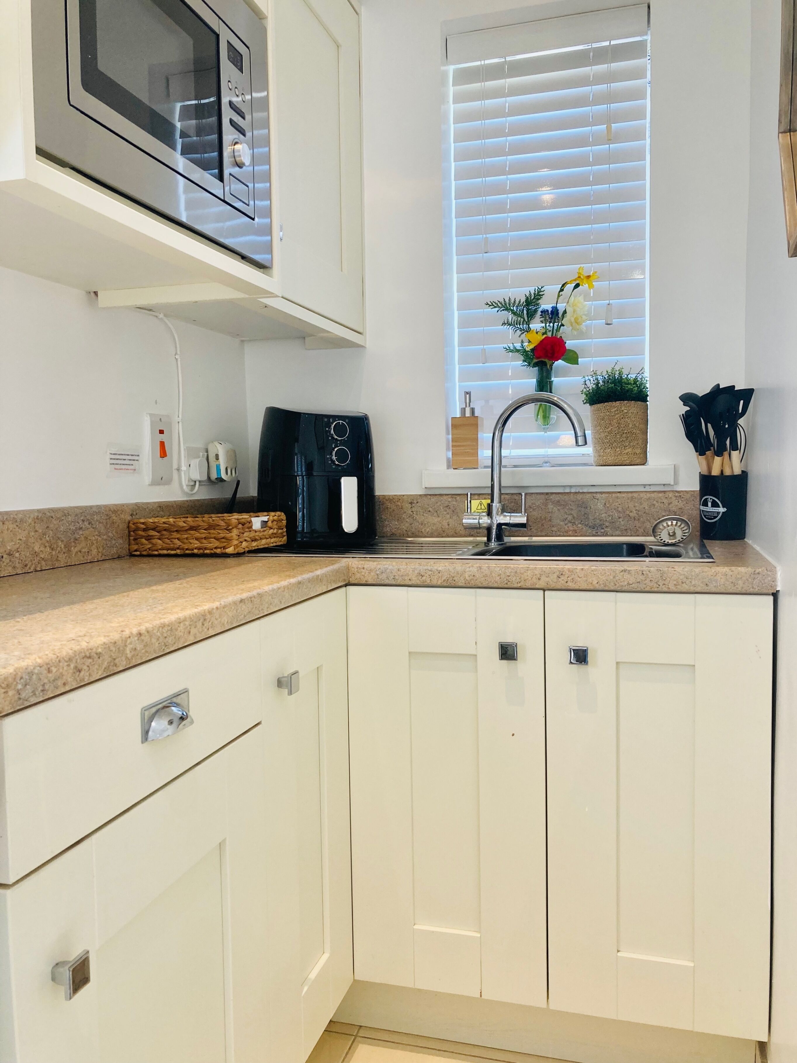 Fridge, microwave, stovetop, electric kettle