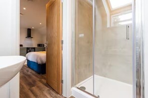 Een moderne badkamer met een douchecabine van glas, een houten deur en een zichtbaar wastafel.
