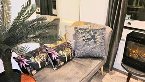 A living room with a grey sofa, patterned cushions, a small orange stool, a large potted plant, and a fireplace. - Studio Sleeps 3 - Free Wifi - Flat-screen Tv (London)