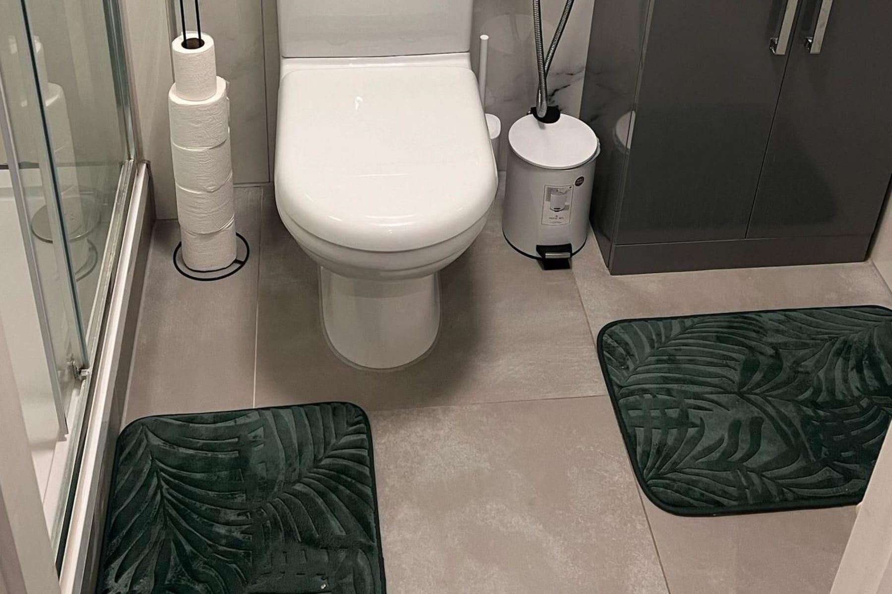 Egy fürdőszoba, amelyben WC, bidé és szemetes található. A padlón két zöld szőnyeg van.