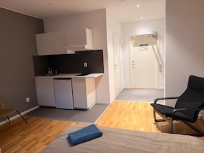 A compact living space with a kitchenette, a dining area, and a bedroom.