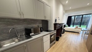 A modern kitchen with grey cabinets, a sink, a stove, and a microwave. - Studio - Sleeps 2 - Air Con - Parking (London)