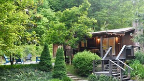 Une cabane en bois avec un escalier menant à une terrasse, entourée d’une végétation luxuriante et d’arbres.