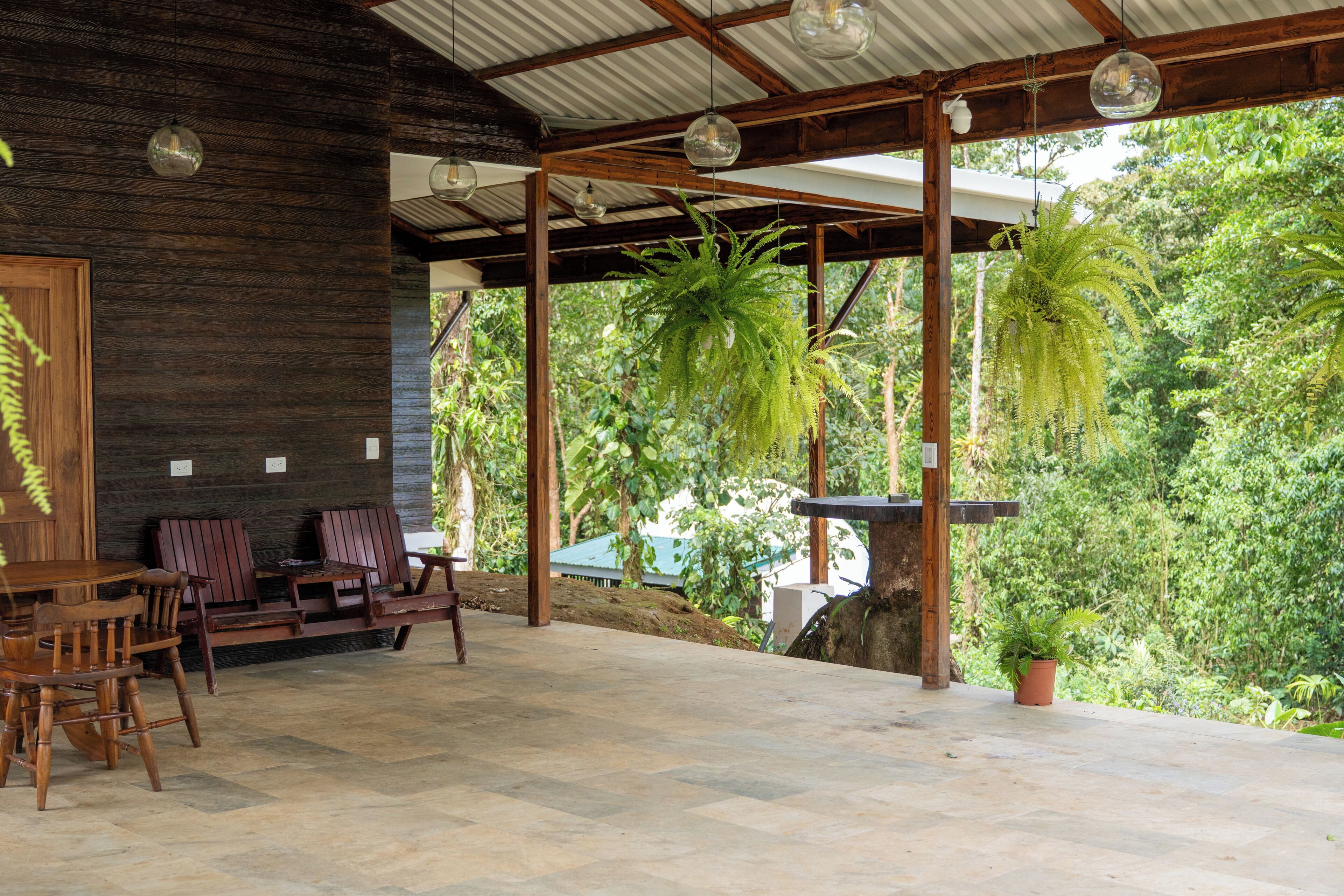 An outdoor patio area with a wooden bench, a table, and hanging ferns.