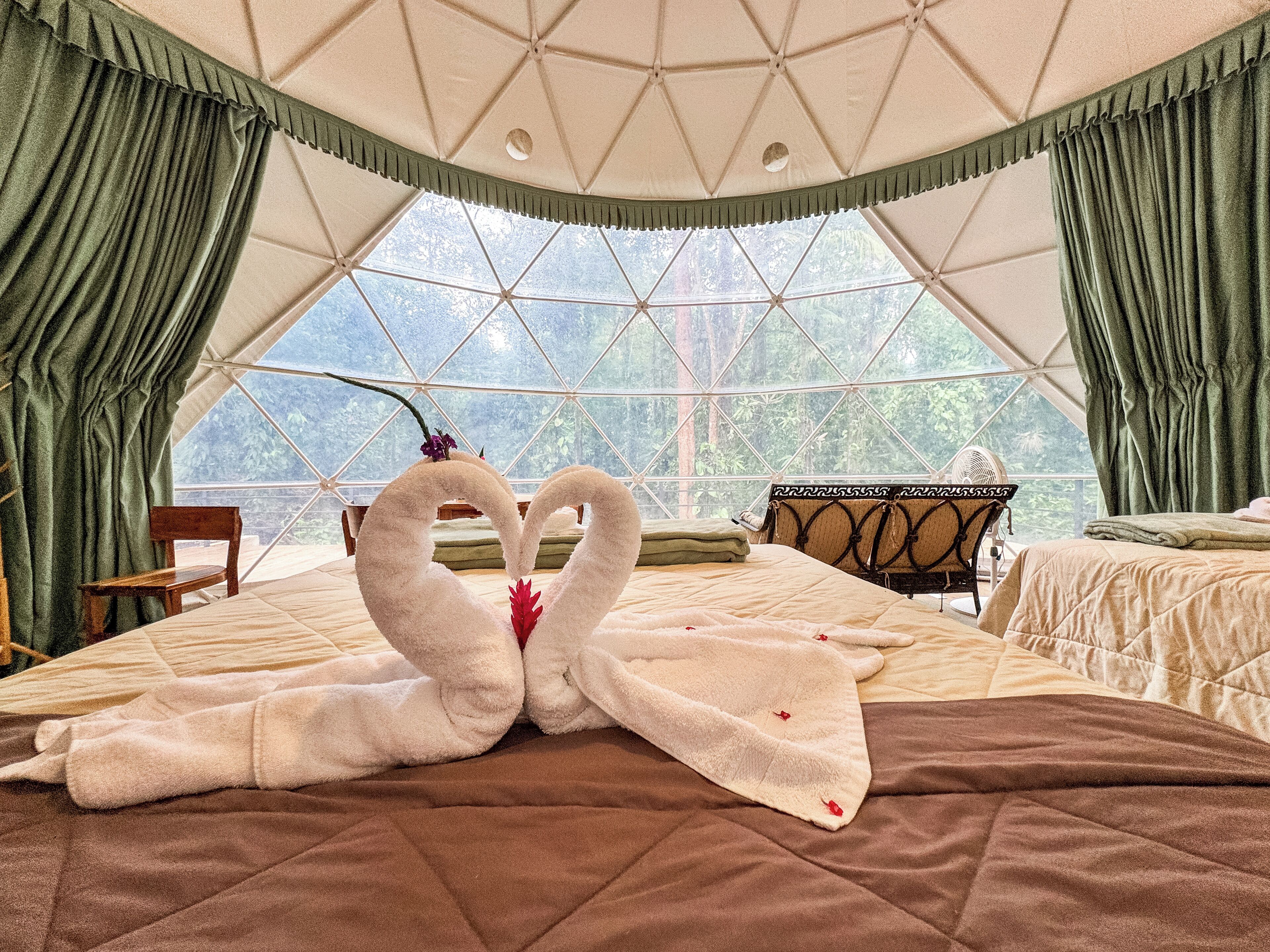 Una habitación con cama, una silla, un ventilador y vistas amplias por un ventanal.