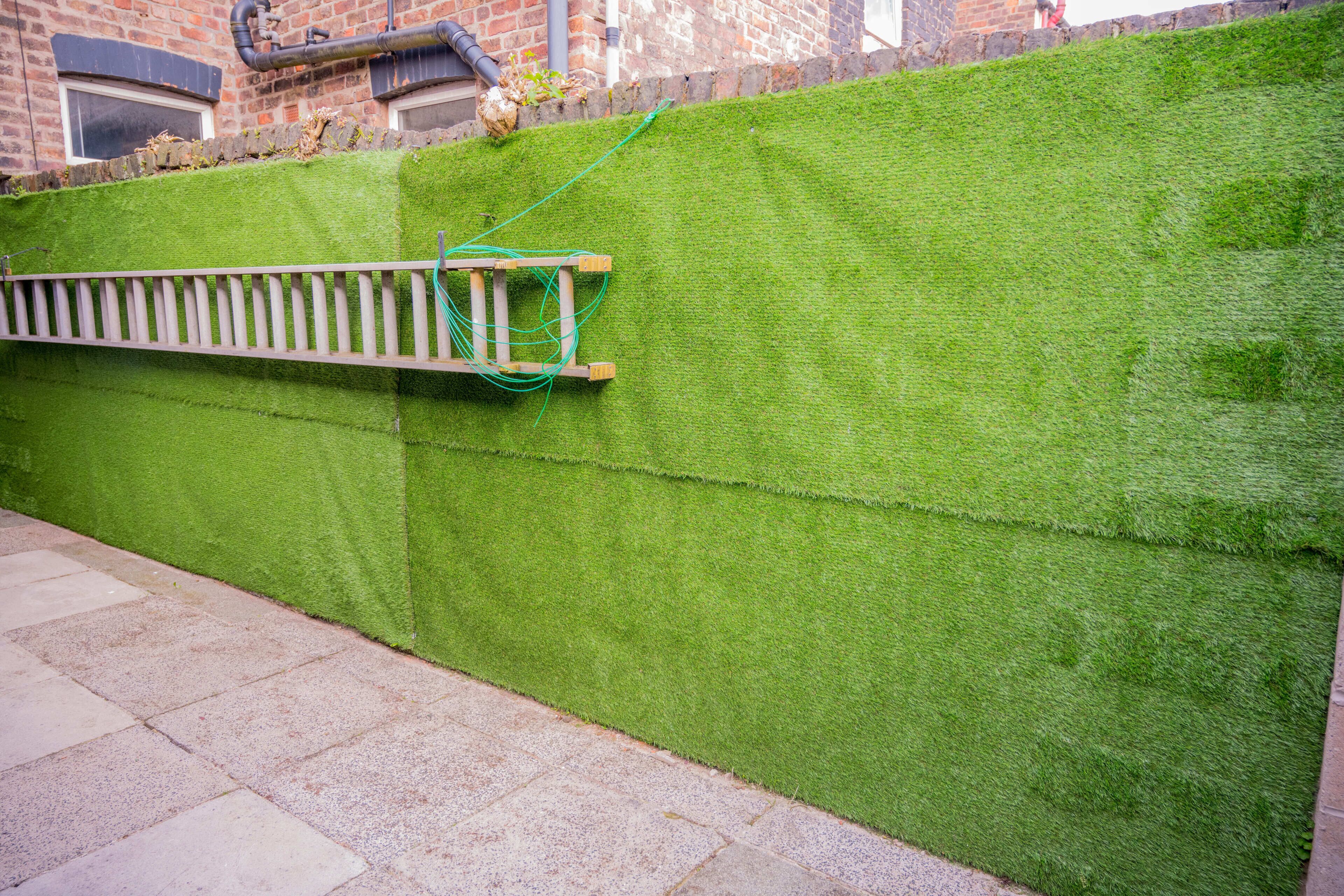 A green artificial grass wall with a wooden fence and a hose.