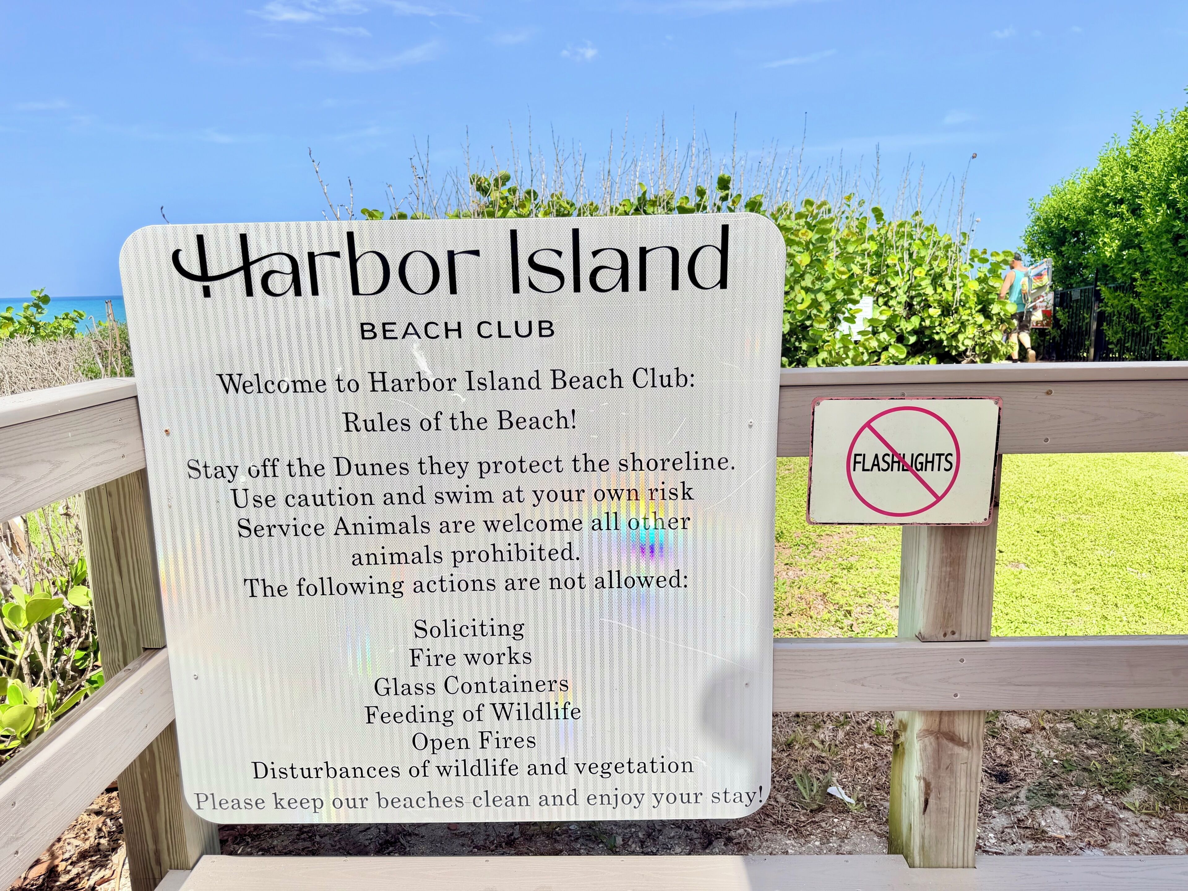A beach club sign with rules and a no-flashlights sign.