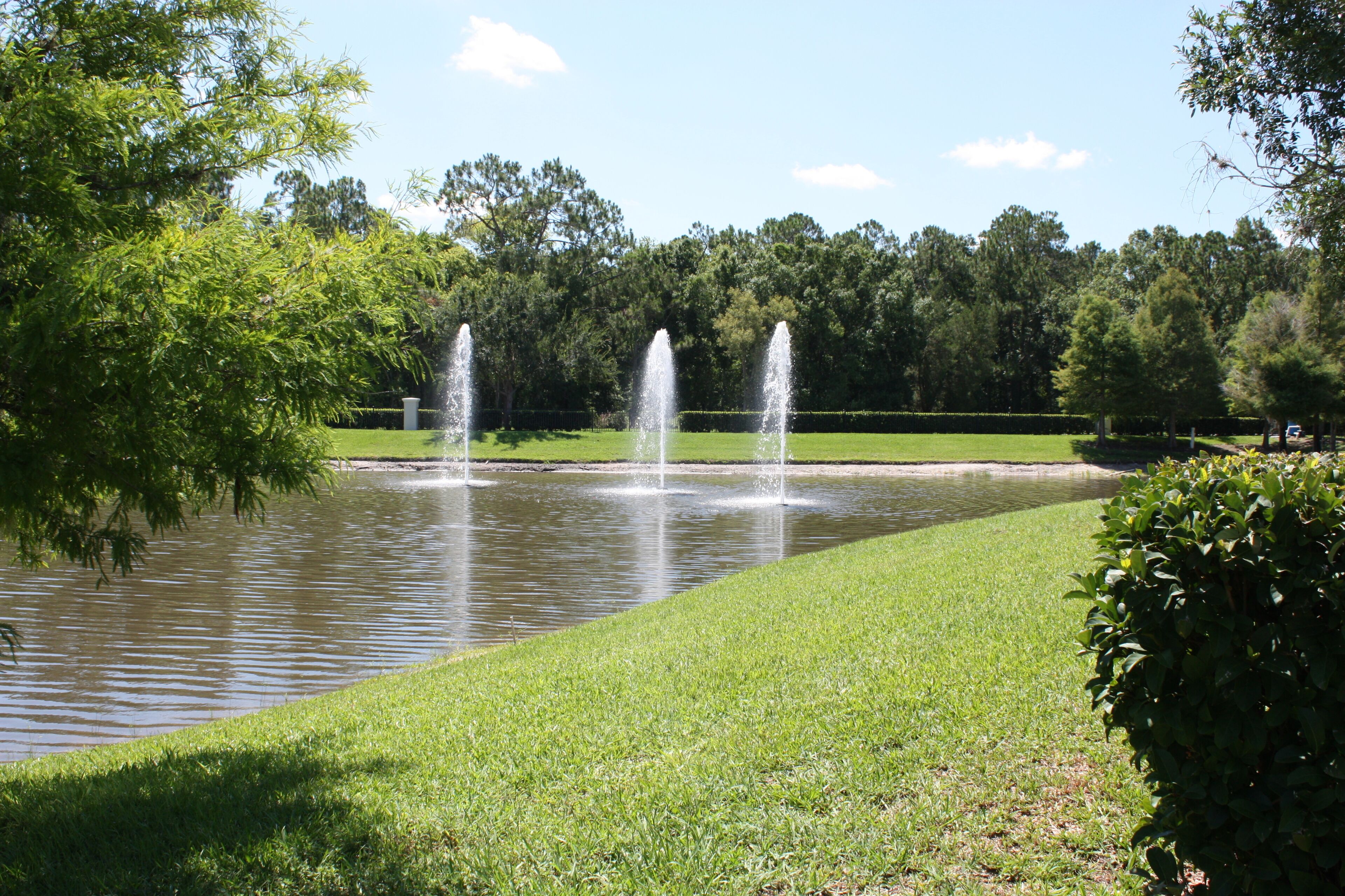 A serene park with a pond, three fountains, and lush greenery.