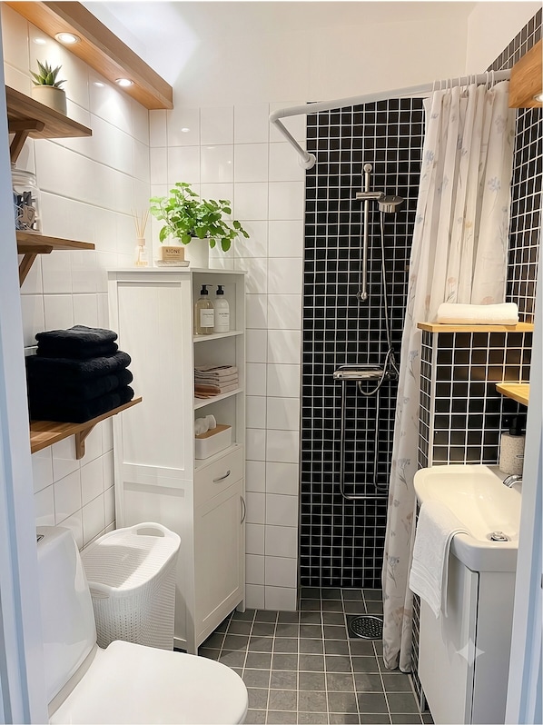 Hair dryer, towels, soap, toilet paper