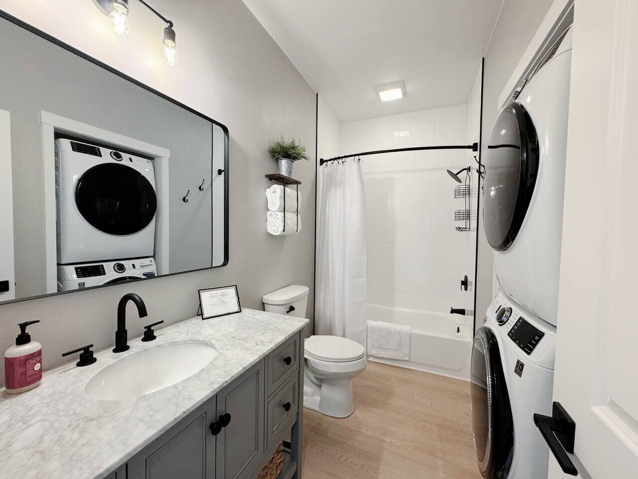 Hair dryer, towels, soap