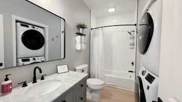 Hair dryer, towels, soap