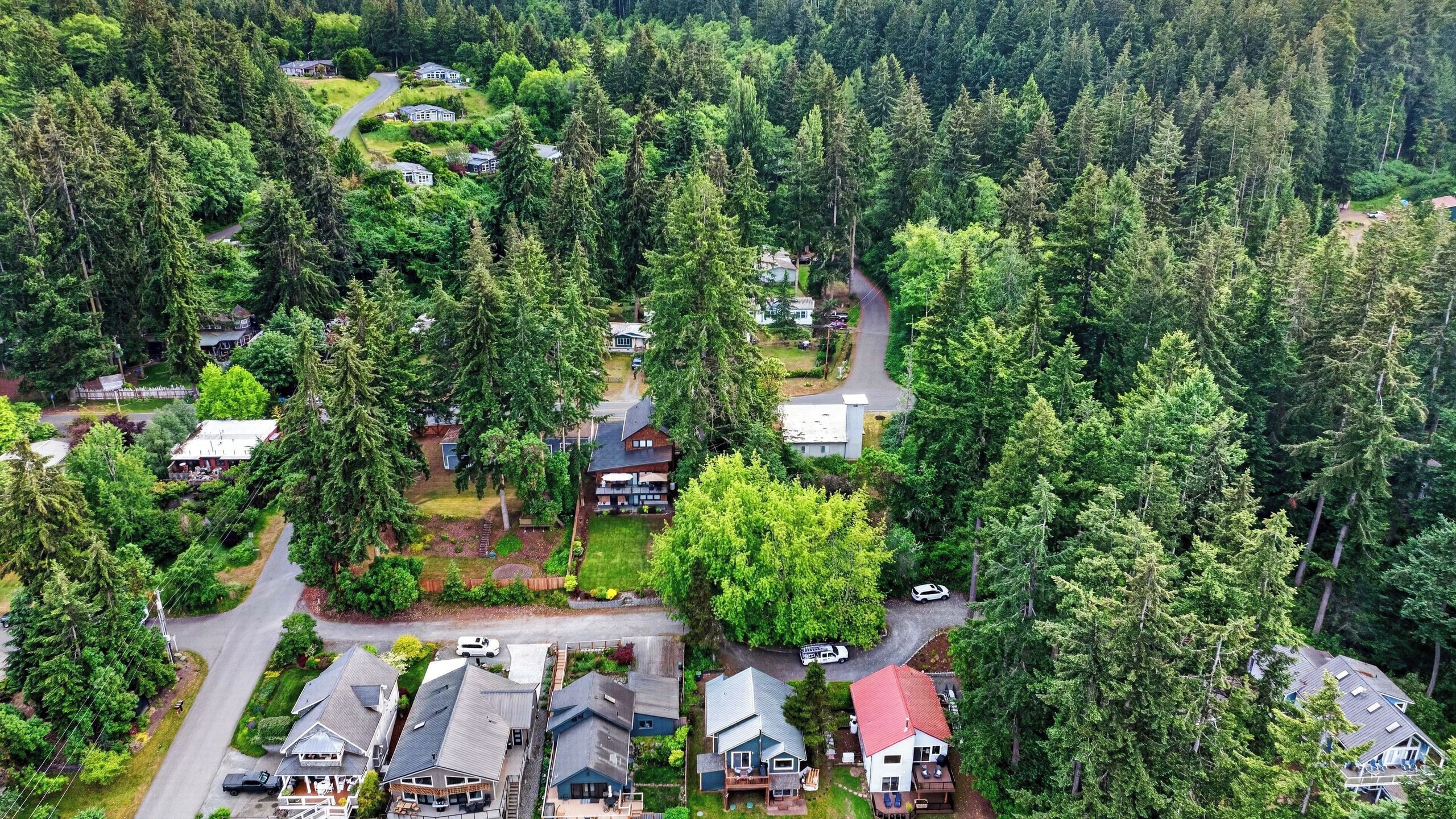 An aerial view of a residential area with houses surrounded by dense forest, roads, and a few vehicles.