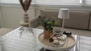 Huoneessa on lasitasoinen pöytä, lamppu, kaukosäädin ja tarjottimella oleva kasvi.