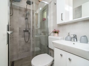 A modern bathroom with a glass-enclosed shower, a white toilet, and a vanity with a mirror and sink. - One Bedroom Apartment with Terrace (Jezera)