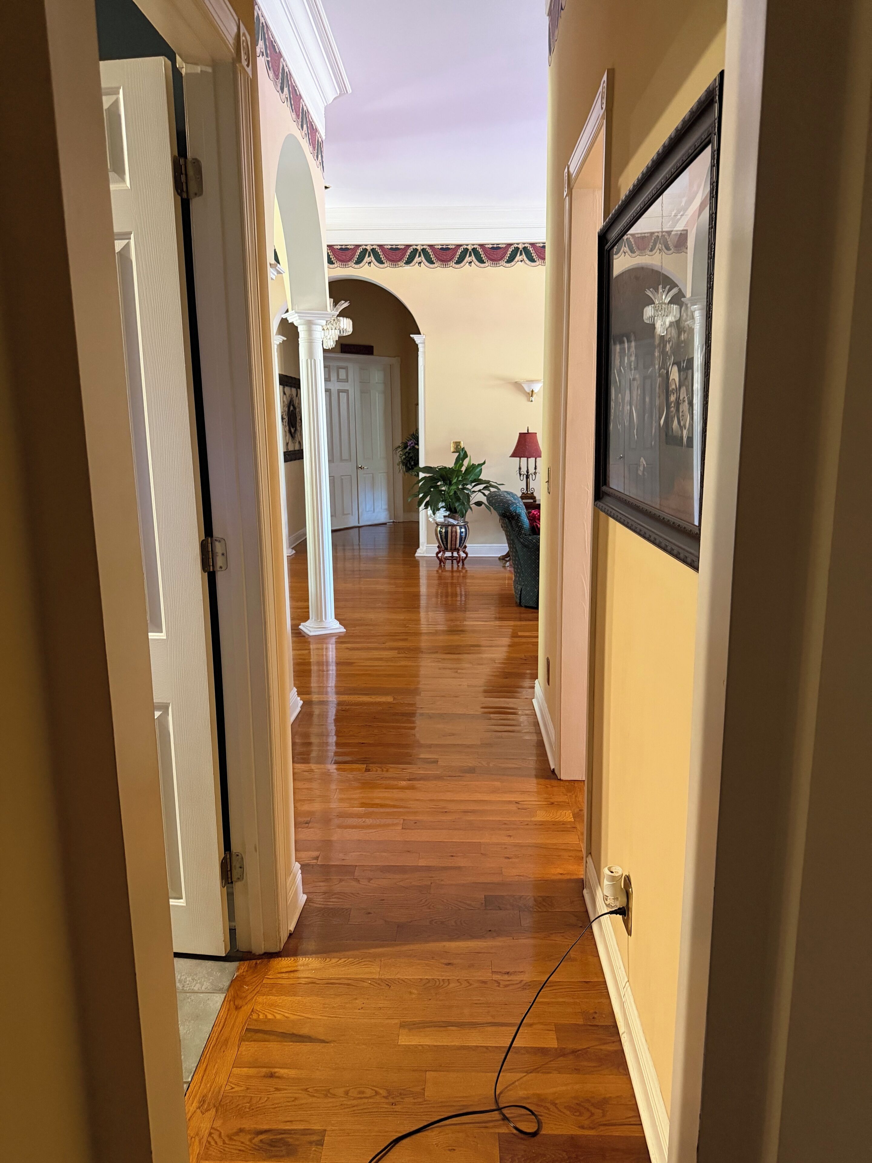 A hallway with wooden flooring, white doors, and a framed picture on the wall.