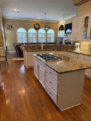 A kitchen with a granite countertop, white cabinets, and a built-in gas stove. - AU GAMEDAY Private Lake House, Fishing (Auburn)