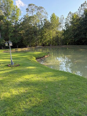 Un entorno tranquilo junto al lago, con césped, un farol y un banco.