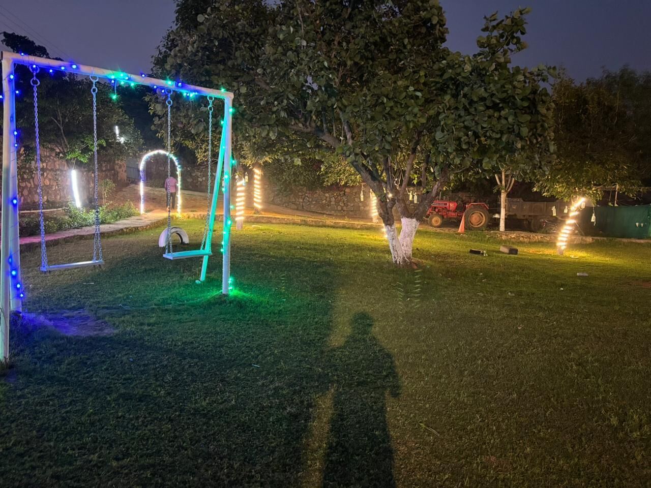 A grassy area with a swing set and a tree.