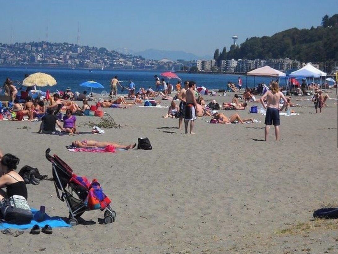 A beach with people sunbathing, umbrellas, and a stroller.