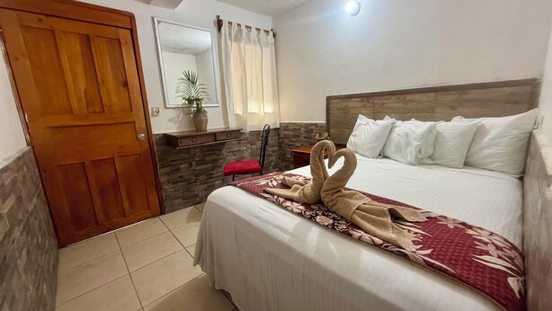 Habitación de hotel con una cama, una puerta de madera, un espejo, una planta en maceta y una silla roja.