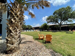 A grassy outdoor area with a palm tree, two Adirondack chairs, and a building in the background. - Sleepover | Quaint Studio + Gym - Austin TX (Austin)