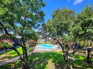 A swimming pool surrounded by trees and a building in the background. - Sleepover | Quaint Studio + Gym - Austin TX (Austin)