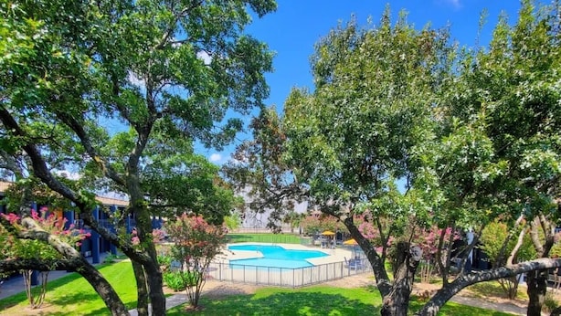 A swimming pool surrounded by trees and a building in the background.