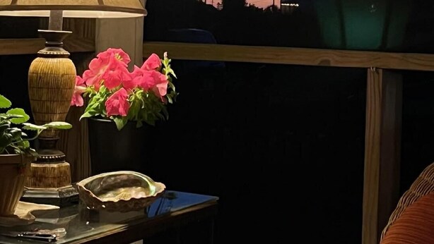 Um quarto com uma mesa, uma luminária, um vaso com flores e vista para palmeiras e um pôr do sol.