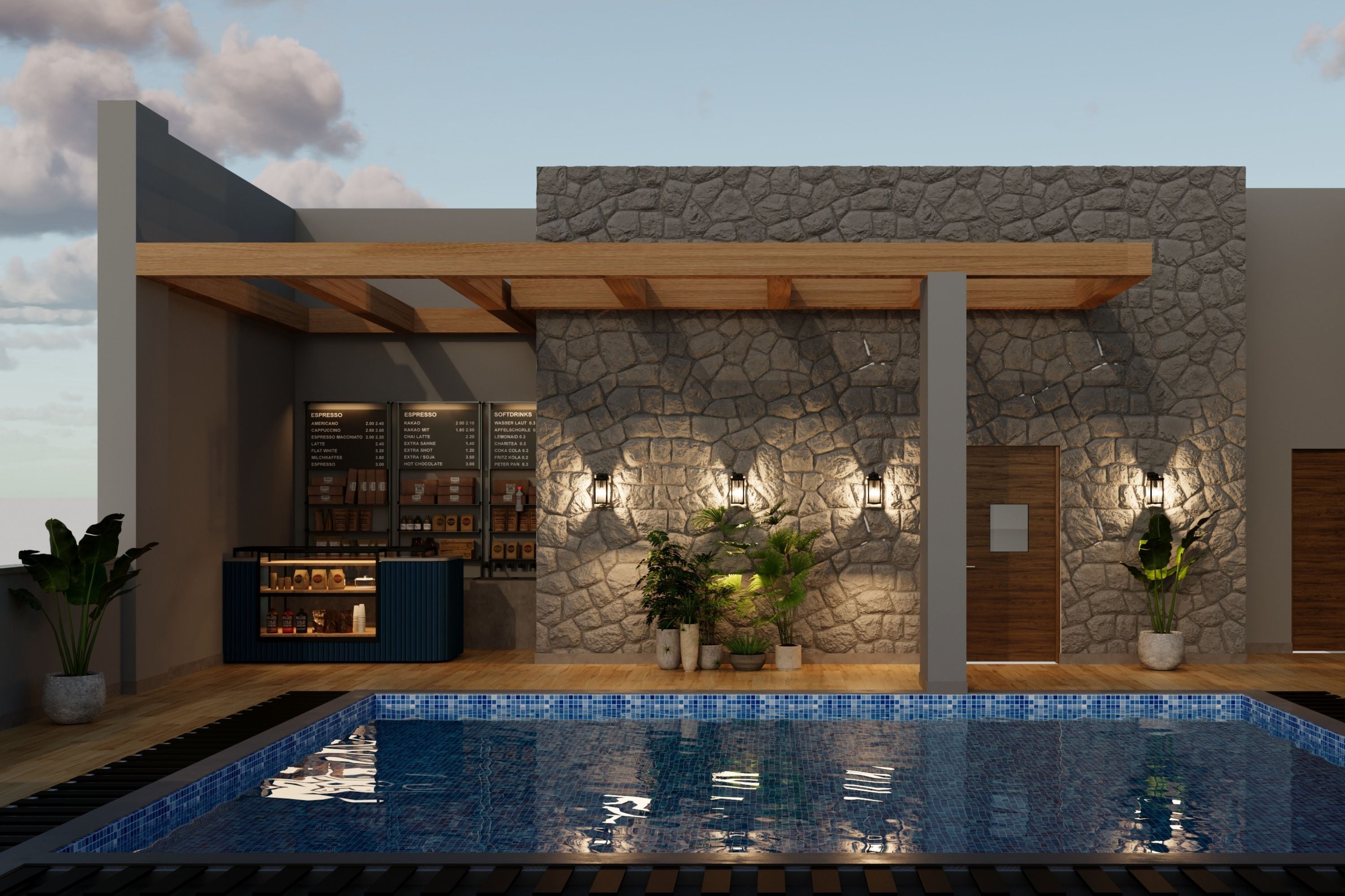 Un edificio moderno con fachada de piedra, piscina y zona de bar con carta.