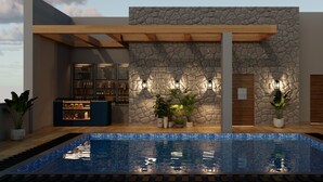 A modern building with a stone facade, a pool, and a bar area with a menu. - Ramada Encore by Wyndham Vrindavan Rukmani Vihar (Vrindavan)