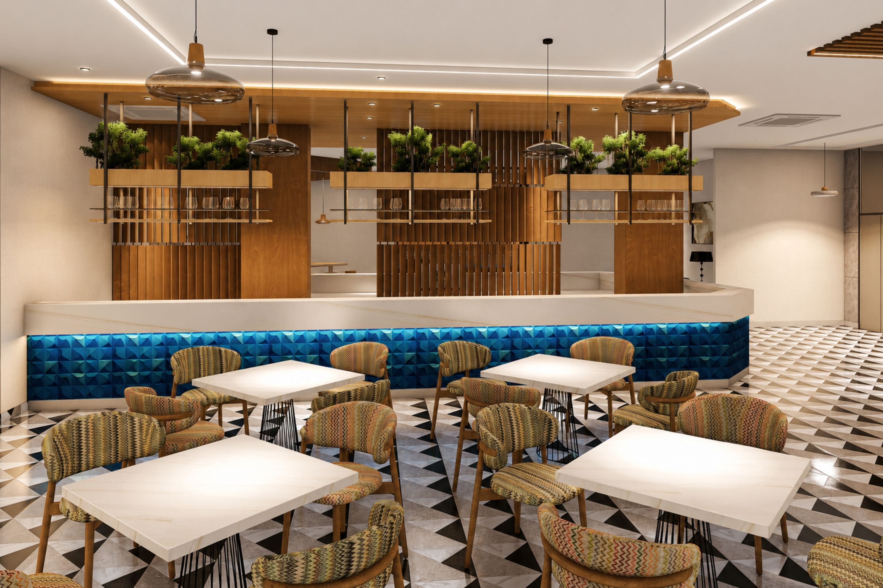 A modern restaurant interior with a central counter, seating area, and decorative plants.