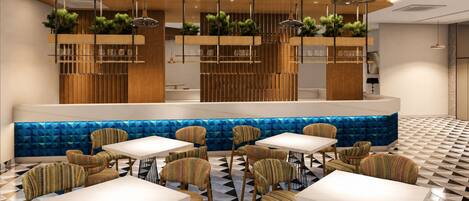 A modern restaurant interior with a central counter, seating area, and decorative plants.