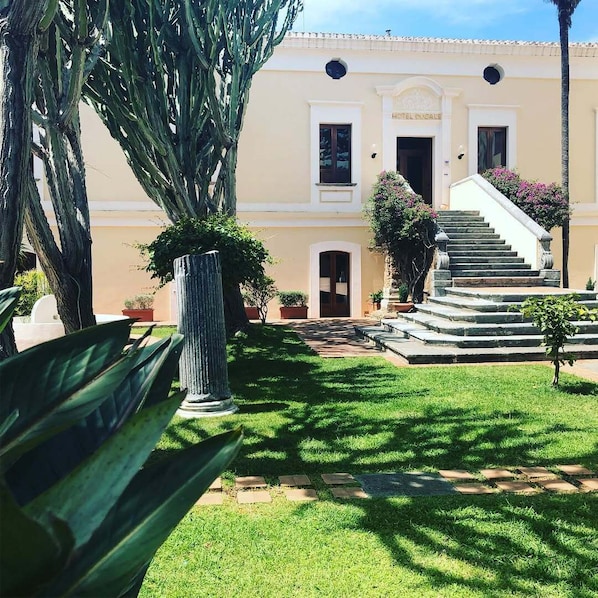 Un edificio con una escalera que lleva a una puerta, rodeado de follaje y plantas en macetas.