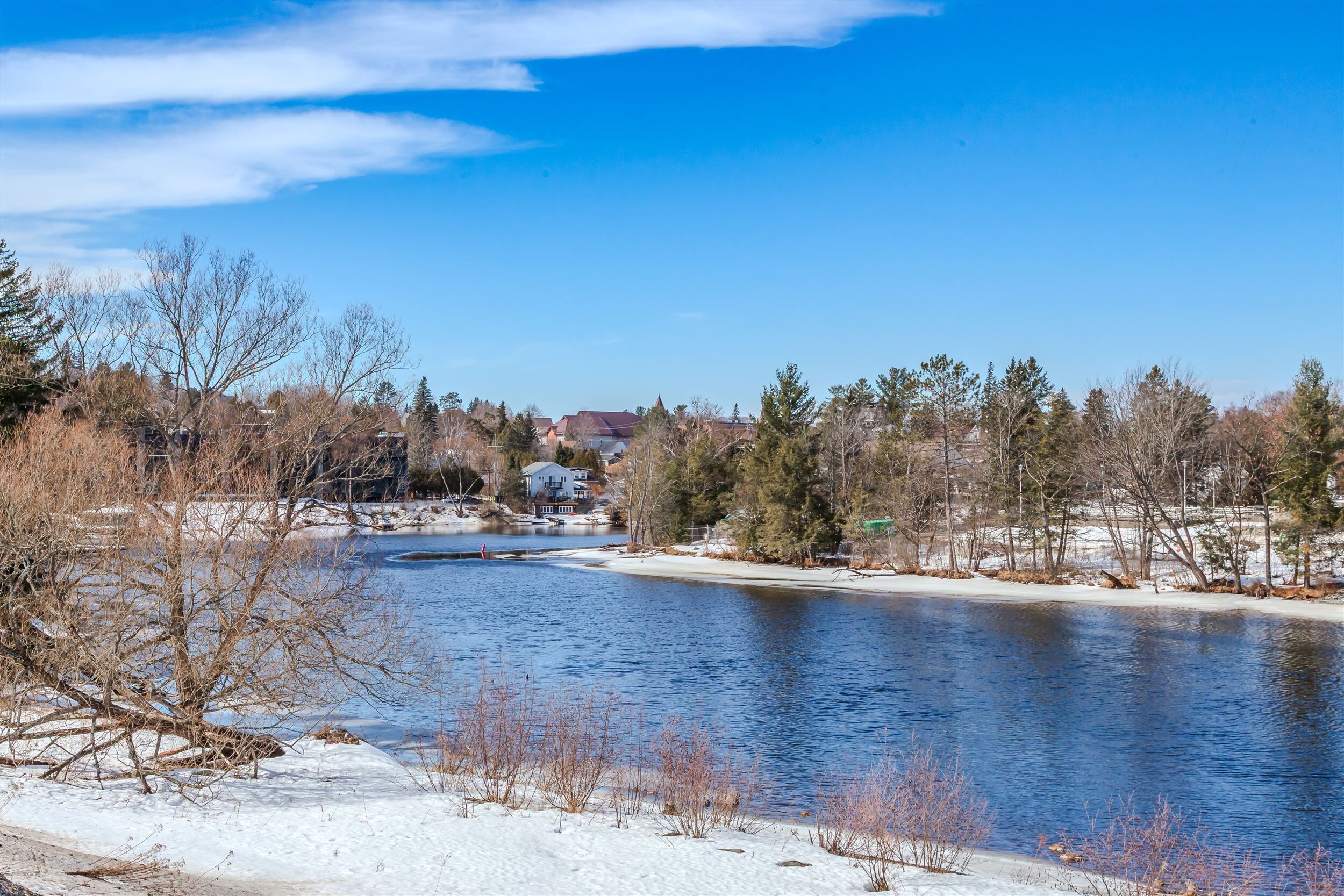 A river with snow on the banks, trees, and houses in the background.