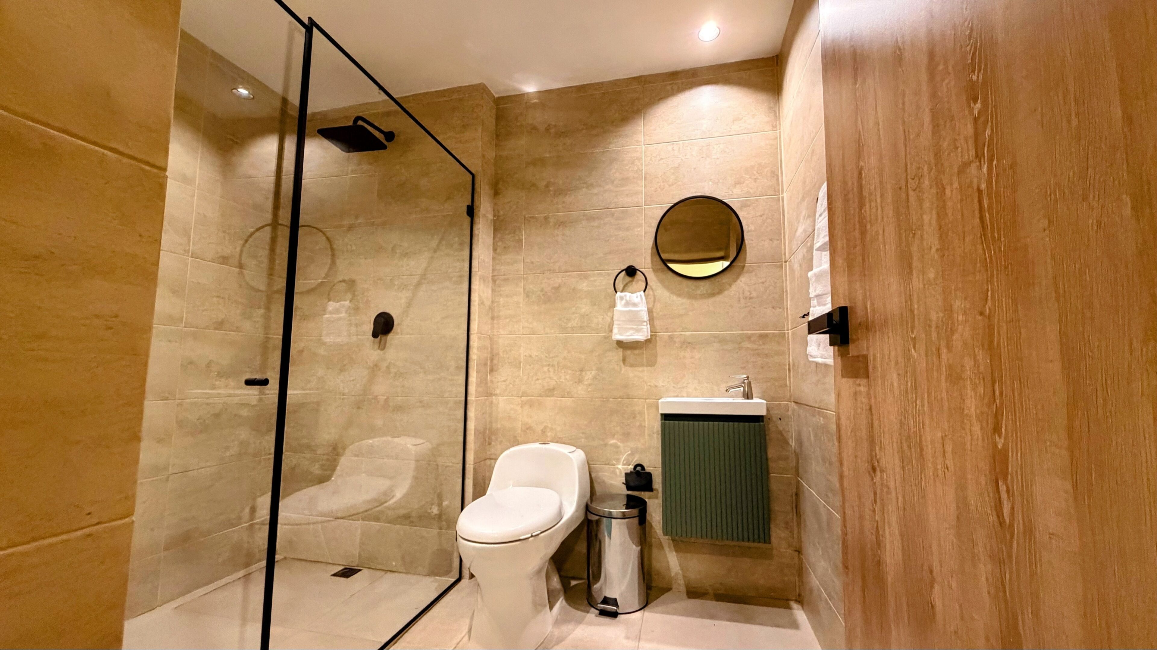 A modern bathroom with a glass-enclosed shower, a toilet, a sink, and a mirror.