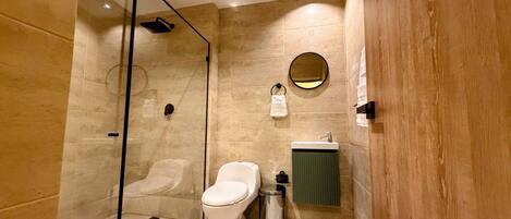 A modern bathroom with a glass-enclosed shower, a toilet, a sink, and a mirror.