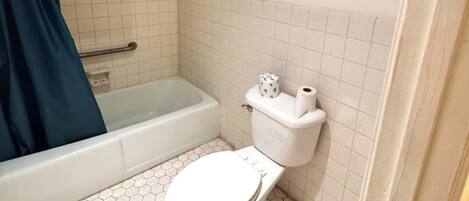 A bathroom with a toilet, a bathtub, and a shower curtain.