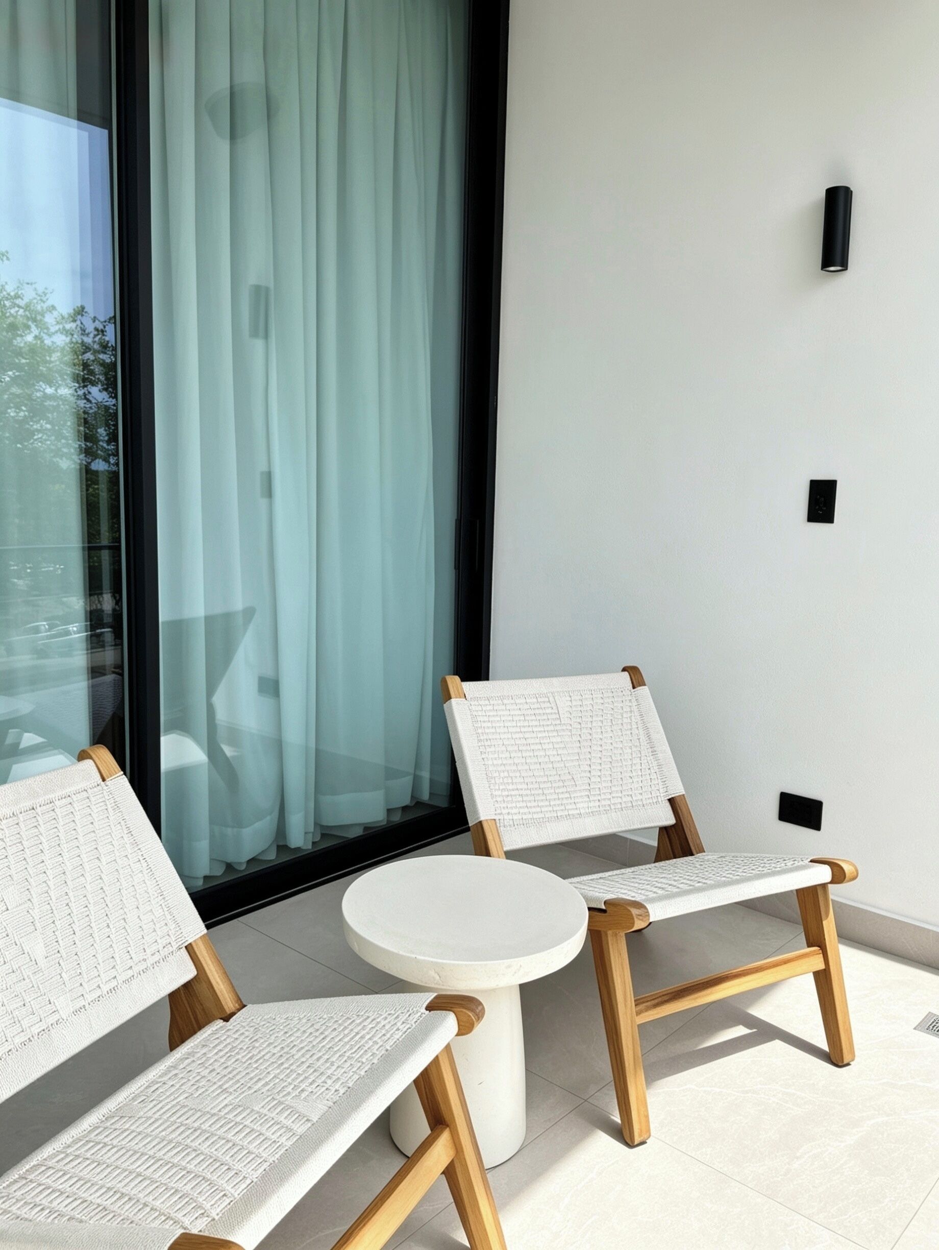 A balcony with two wicker chairs and a small round table.