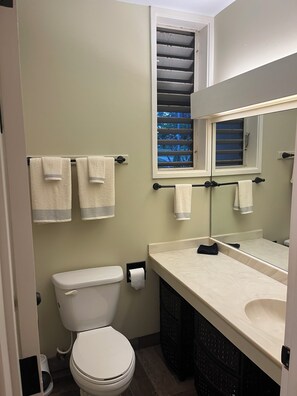 Ein Badezimmer mit Toilette, Waschbecken, Spiegel und Handtüchern an einem Haken.