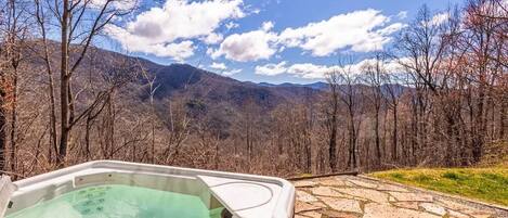 Una vasca idromassaggio con un patio in pietra, circondata da alberi e montagne.