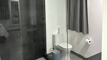 Secadora de cabello, toallas, jabón, papel de baño