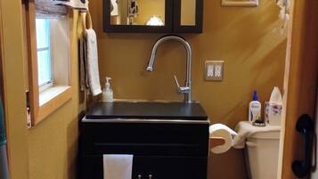 Hair dryer, towels, soap, toilet paper