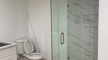 Shower, towels, soap, toilet paper