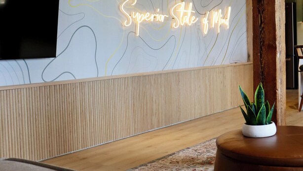 Un interno moderno con un pannello di legno a parete, un neon, un televisore a schermo piatto e una pianta in vaso.
