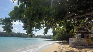 A beach with a stone wall and a covered area, a clear sky, and calm water. - Sunny Beach Inn (Ocho Rios)