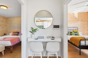 Desk, bed sheets